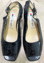 銀座かねまつ　オープントゥ　ヒール サンダル　スクエア　花　黒　ブラック　24㎝