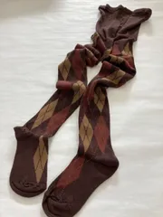 国産ジャガードシルク混アーガイル柄タイツ　ブラウン