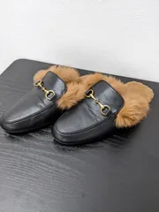 【D078】【トレンド感◎】ファー付き ビットローファー ミュール スリッパ サンダル 黒 (サイズ37)