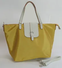 折りたためる2Wayトートバッグ　斜め掛け A4OK　ナイロン×合皮ボストン型 コンパクトボストン(マスタード×オフホワイト)