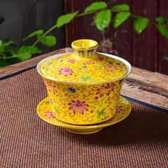 琺瑯彩 大型 三才蓋碗 茶碗 茶杯 陶器製 家庭用 耐熱  功夫茶器