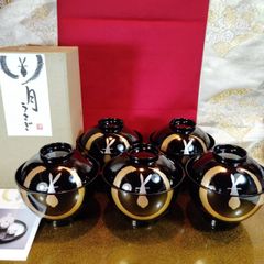 (新品)伝統工芸漆 会津塗 宝木 正月椀 鉄線 溜 蓋付雑煮椀 木箱入 5客 会津塗 坂本乙造 作 月うさぎ 吸物椀 蓋付椀 伝統工芸品 作家