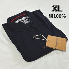 MOORIMOINAL 濃藍色シャツ 100%綿 ウッド調ボタン＆胸ポケット XL（日本L相当） ロゴ刺繍＆赤ラインデザイン