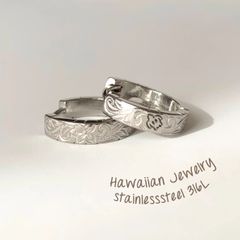 【 両耳 】【 ハワイアンジュエリー 】 プルメリア ホヌ ワンタッチ フープ ピアス ( シルバー ) サージカルステンレス SUS 316L / 金属アレルギー対応 / つけっぱなし 錆びない アクセサリー / 送料無料 / ギフト ラッピング プレゼント