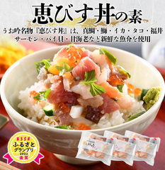 海鮮丼の素『恵びす丼』　3食セット（真鯛・鰤・イカ・タコ・福井サーモン・バイ貝・甘海老）新鮮な魚介が入っています！
