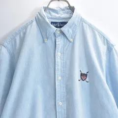 90s Ralph Lauren ラルフローレン ゴルフ クレスト エンブレム 刺繍 デザイン ボタンダウン 半袖 シャンブレー シャツ ライトブルー ヴィンテージ ビンテージ USA アメリカ古着 メンズMサイズ