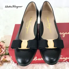 Salvatore　Ferragamo　サルバトーレ　フェラガモ　パンプス　ヴァラ　リボン　リザード型押し　サイズ表記5.5C（22.5ｃｍ相当）黒　ブラック　ゴールド金具　箱あり