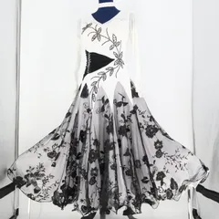 【美品 社交ダンス衣装】ホワイト ワンピース ドレス ブラック 白 黒 花柄 フリル レース ふんわり デモ 競技用 発表会 上品 Mサイズ 背面ファスナー 伸縮性 胸パッド スカート 3枚重ね 落ち着いた色味 おしゃれ 膨らむ スタイリッシュ