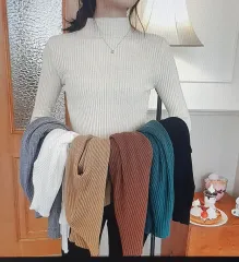 (海外発送)リブ モックネック ハイネック ニット 長袖 Tシャツ