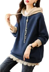 Lopis パーカー プルオーバー レディース フード付き レース 長袖 トップス フェイクパール 可愛い きれいめ ゆったり 体型カバー(ネイビー/ベージュ,  4XL)