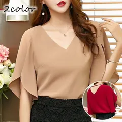 Vネックシャツ ブラウス ワイシャツ シャツ レディース スカラップ 半袖 シフォン トップス 薄手 通勤 ビジネス カジュアル 着痩せcbr497