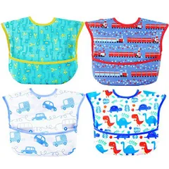 ブルー スリーマッシュルーム 食事用エプロン ベビー 離乳食 3D 立体 お食事 - 防水よだれかけ 赤ちゃん 4枚セット 速乾 洗濯機で洗える 名前を書ける 保育士推奨 保育園用 男の子 女の子