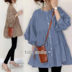 ブラウス レディース ティアード ギャザー シャツ 七分袖 トップス チュニック パフスリーブ 無地 フレアブラウス 丸首 可愛い 体型カバー 黒 緑 ブルー グレー