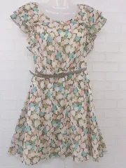 ◇ ◎ Apuweiser riche ベルト付 花柄 半袖 ミニ フレア ワンピース サイズ 2 ブラウン ピンク レディース P  【1301090016704】