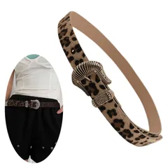 104cm×2.5cm カジュアルベルト アクセント おしゃれ PUレザー ウエスタンバックル レディース 細ベルト レオパード柄 [NazyJnn]