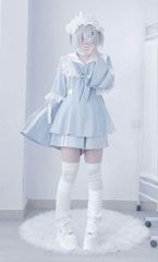 セットアップ　水色界隈　天使界隈　サブカル　服　量産型　地雷系　渋谷　ゆめかわ　かわいい　水色　夏　渋谷　原宿　ロリータ　ロリィタ　界隈　病みかわ　フリルセーラー服 水色 コスプレ メイド風 リボン付き 長袖 トップス ショートパンツ 靴下付き 清楚 甘め