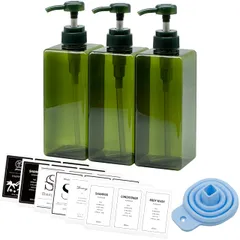 新品 [ネセクト] シャンプーボトル ディスペンサー 大容量650ml グリーン3本セット ラベルシート付属 詰め替えボトルシンプルデザイン ホテル プッシュ式 [日本国内企画品]