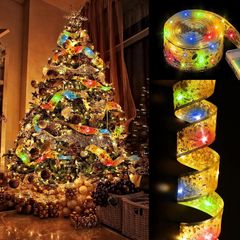 クリスマスリボン イルミネーションライト 5M 50LED 電池式 オーナメント クリスマスツリー 飾り 雰囲気 ロマンチック プレゼント ラッピング クリスマス 結婚式 お祝い日 正月 室内 ガーデンライト 屋外 デコレーション(カラー)