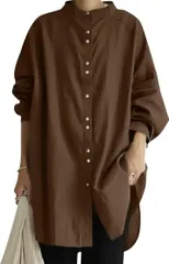 newNE ニューネ スタンドカラー シャツワンピース レディース 無地 チュニック カジュアル 春 秋 長袖レディース おおきい お洒落 韓国風 前開き(ブラウン,  M)