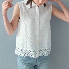 レース切替エンボスデザインノースリーブブラウス  トップス/レディース/ブラウス/シャツ/ノースリーブ/レース