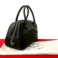 極 美品 袋付 PRADA プラダ 三角ロゴ 金具 レザー 本革 ナイロン ハンドバッグ ミニ ボストンバッグ トートバッグ ブラック 47547