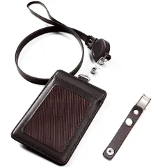 ポケット三つ 社員証 ユニセックス 付き バンドクリップ 名札 ネックストラップ 伸縮リール式 縦型パスケース 定期入れ レザー カードホルダー id ケース ネームホルダー [Viaky]