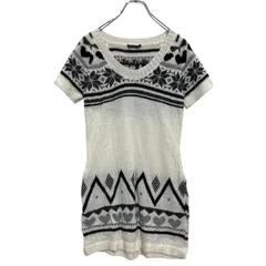 New Suprise アクリル混紡 半袖ニット セーター チュニック レディース M～ ホワイト ノルディック ハート 古着卸 アメリカ仕入 a612-6454