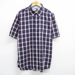 XL/古着 トミージーンズ 半袖 ブランド シャツ メンズ 90s ワンポイントロゴ 大きいサイズ コットン ボタンダウン 濃紺他 ネイビー チェッ