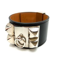 【鑑定済み】正規品 エルメス HERMES バングル コリエドシアン シルバー金具 ブラック ボックスカーフ レザー #Ｌサイズ