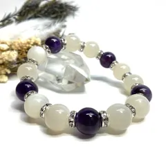ムーンストーン&アメジスト パワーストーン ブレスレット 天然石ブレス (シルバー) 12mm メンズ　レディース 男性 女性 6月誕生石 恋愛運 恋人 夫婦円満 縁結び 数珠   [1]