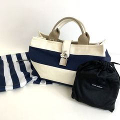 【中古品】Dolce&Gabbana ドルチェ&ガッバーナ ドルガバ ボーダー キャンバストート バッグ ホワイト×ネイビー GT