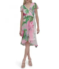 【送料無料】 ダナキャラン レディース ワンピース トップス DKNY By Donna Karan Woven Floral Print V Neck Short Flutter Sleeve Wrap Dress Power Pink