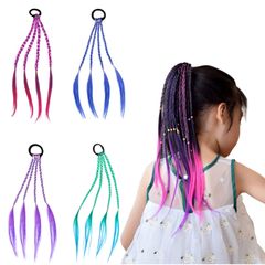 【数量限定】ヘアエクステ 三つ編み 4枚入 編み込み グラデーションカラー ウィッグ キッズ 髪 カラフル 髪の毛 付け髪 YOVOY ワンタッチ キッズ ダンス 発表会 フェス ハロウィン コスチューム (ピンク、緑、紫、青、４枚)