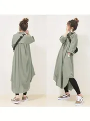 女性用ヴィンテージ風ロングスリーブマキシドレス、フロントポケット付き - カジュアルルーズフィット、ラウンドネック、ライトブルー、ポリエステルブレンド、オールシーズン着用、ロングスリーブドレス