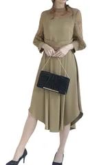 [MORE AUNI] パーティー ドレス 結婚式 ロング スリーブ イレヘムスカート ワンピース 2次会 1.5次会 お呼ばれ サマー ウィンター スプリング オータム 大きいサイズ ボディコン ニット 切り替え フレア [カーキ / 321164] [S]