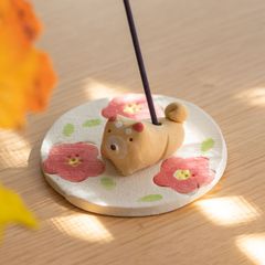 日本製　花柴犬香立  お香 和柄 可愛い手作りインテリア 置物 縁起 招福 プレゼント 贈り物
