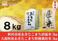 秋田市産あきたこまち清流米5キロ・大潟村産ふると米3キロ無洗米セット