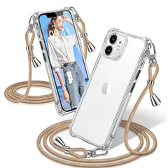 iPhone 12 mini ケース クリア ショルダー 耐衝撃 iPhone12mini スマホケース 透明 織りストラップ付き 肩がけ 首掛け 紐付き アイフォン12mini カバー 縄掛け シングルショルダーロープ 斜めがけ 調節可能なショルダー ク 0