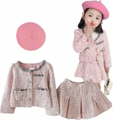 Jolie's room 入学式 女の子 卒園式 卒業式 入園式 キッズ フォーマル ツイードスーツ ベレー帽付き 3点セット 110( ピンク,  110 Regular)