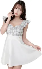 COCO&YUKA(ココアンドユカ) キャバドレス ミニ ワンピース ツイード フレア スカート かわいい フリル タイト オフショルダー パーティ 半袖 パット付き フェミニン ロリータ風( ホワイト,  M)