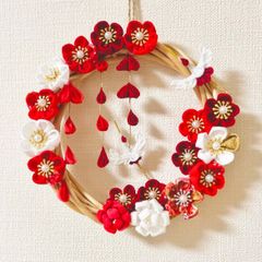 紅白　リース　つまみ細工