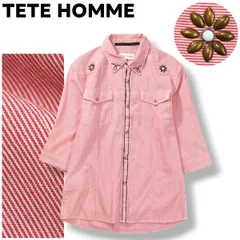 【2WAY】 テットオム TETE HOMME DAILY NEWS 5分袖 半袖 ストライプ柄 ウエスタンシャツ フラワースタッズ トップス デザイナーズ モード M ピンク メンズのサムネイル
