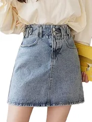 GIVEK デニムスカート レディース ハイウエスト ミニスカート 美脚 脚長効果 Aライン 台形 ベルト通し付き ジーンズ生地 タイトスカート( ライトブルー,  XL)