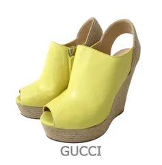美品 GUCCI グッチ エスパドリーユ サンダル パンプス スリングバック オープントゥ ウェッジソール レザー イエロー サイズ37 約24cm レディース