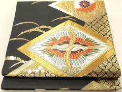 平和屋着物◎六通柄袋帯　唐織　双鶴雪芝文　黒地　金糸　正絹　逸品　DAAU0312cd