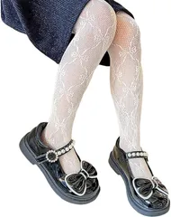 Angel's Closet 子供 タイツ 子供用 キッズ ストッキング 網タイツ レース リボン柄 かわいい 柄タイツ 洗濯可(ホワイト,  M)