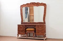 ★事前問合せ必須★ ドレッサーセット 中古 アジア民芸家具 大迫力 チーク材 全面彫刻 最高級 化粧台 鏡台 ミラー バロン Barong リペア+発送まで3週間前後 R-077860