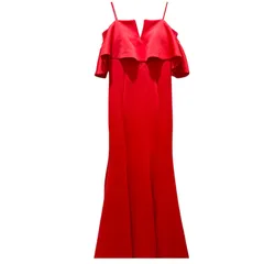 ロングマーメイドドレスワンピース赤ピンク無地胸元フリルキャミ半袖上品高級感S