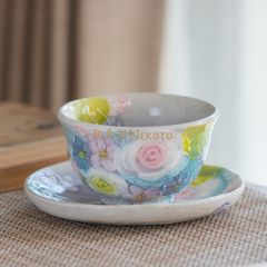 新品ゆずりは 工房  彩ばら花紋　茶菓セット 花柄 おしゃれ かわいい コーヒーカップ 喫茶店 日本製  陶器 瀬戸焼 和食器 食器 手描き プレゼント 贈り物 ギフト 母の日 敬老の日 誕生日