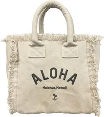アイボリー [エンプレットベール] シンプルなALOHAロゴ ハワイアン トートバッグ フリンジバッグ 幅27×高さ25×マチ13cm アイボリー 綿100％ 普段使いに丁度いいコンパクトサイズ お出かけ お散歩にぴったり